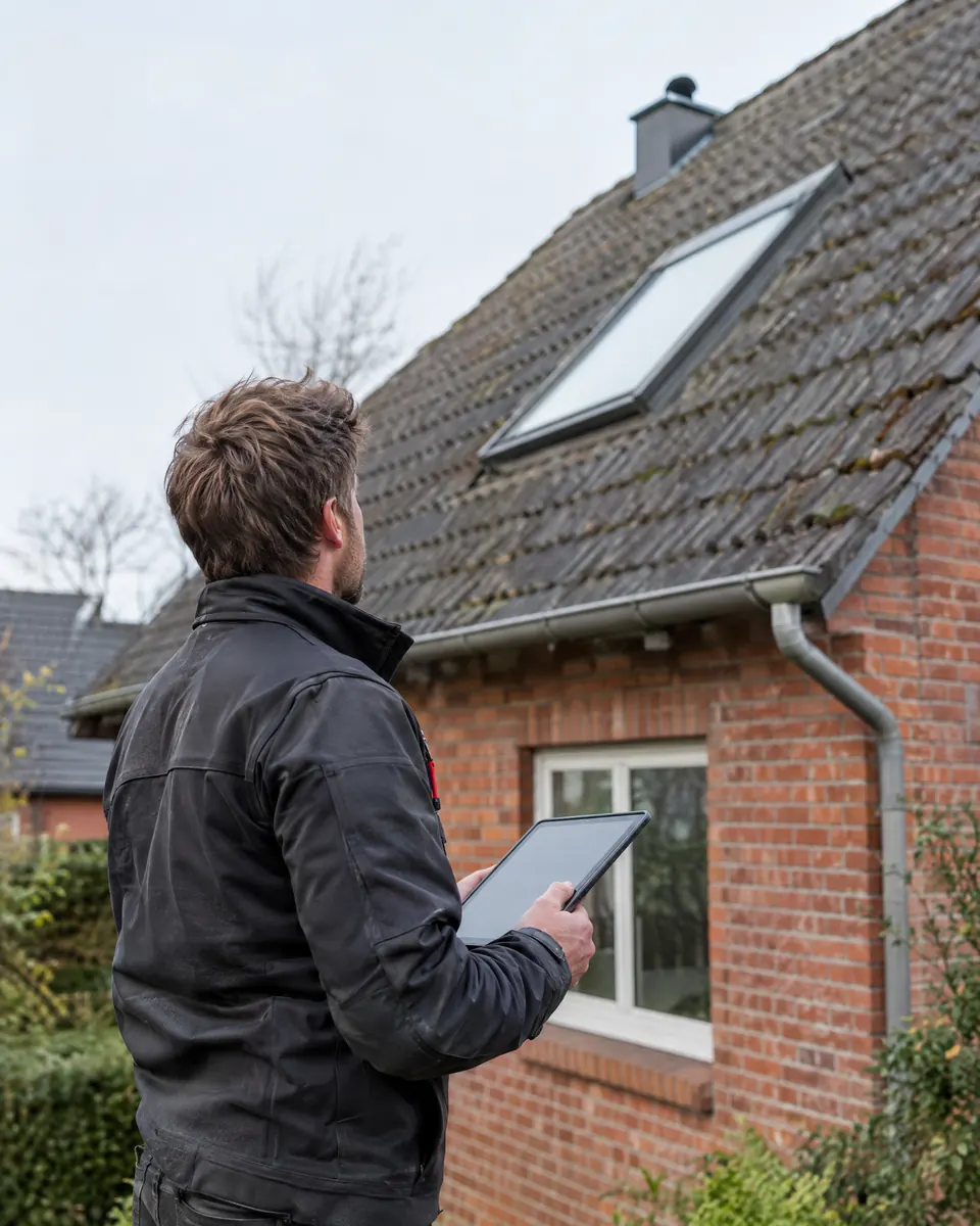 Energieberater und Dachdeckermeister begutachtet ein Klinkerhaus mit dem Tablet