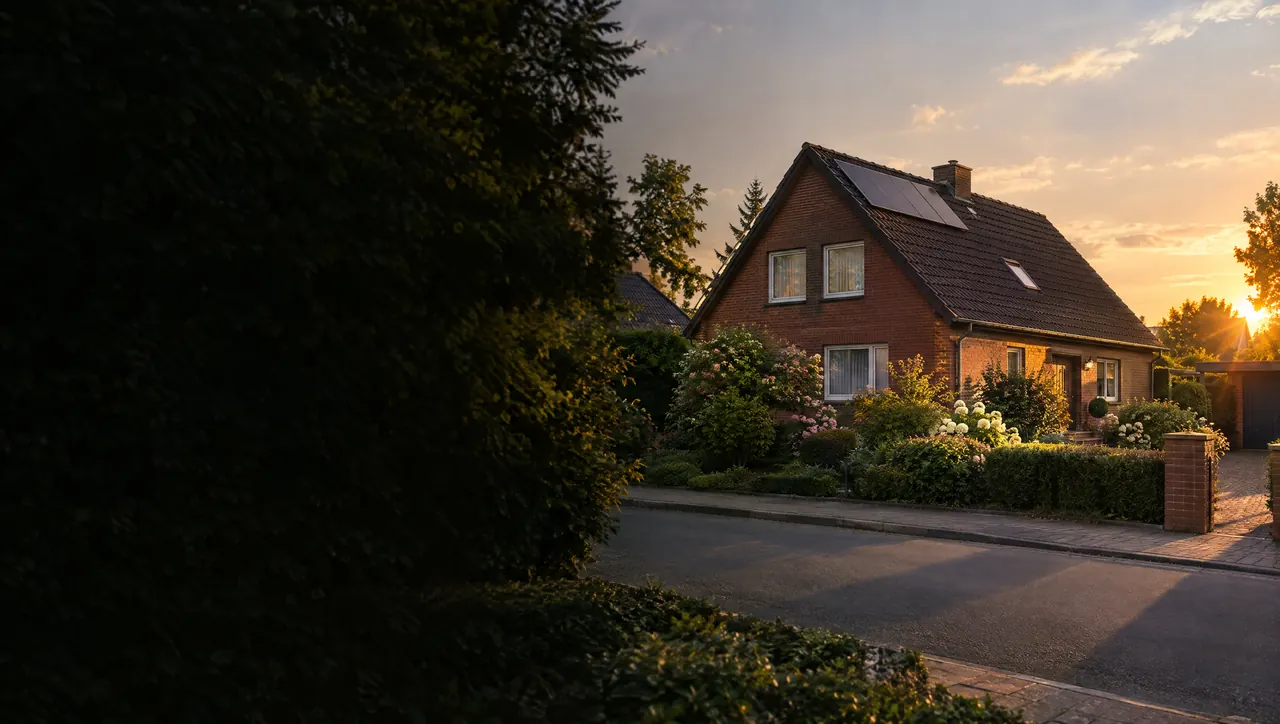 Einfamilienhaus aus Klinker im Abendlicht in der Region Hannover