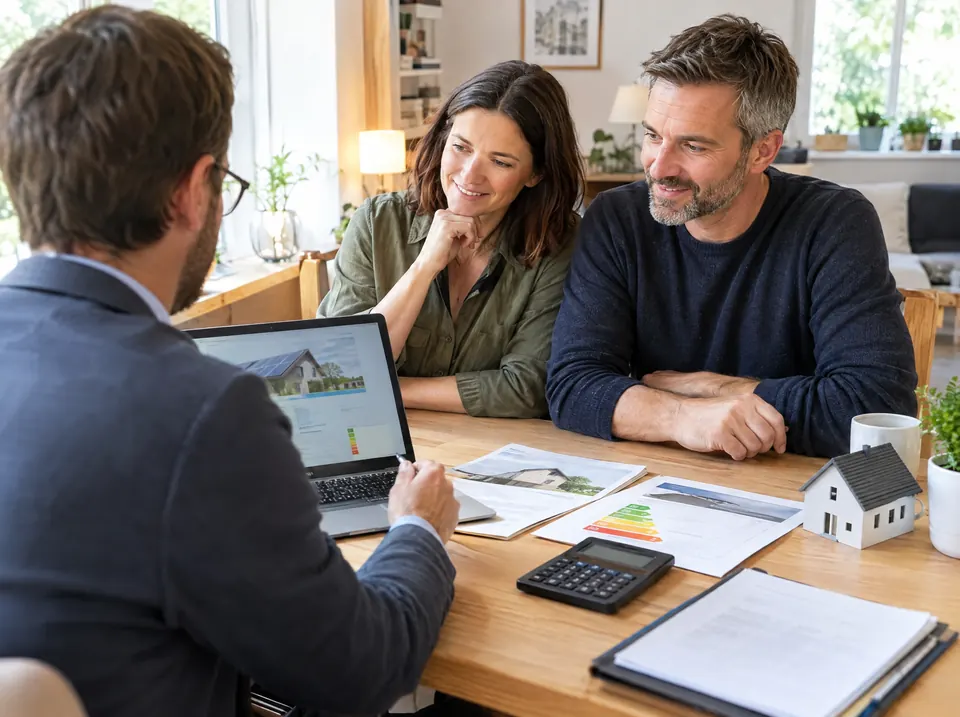 Energieberater bespricht Fördermöglichkeiten mit einem Paar am Esstisch