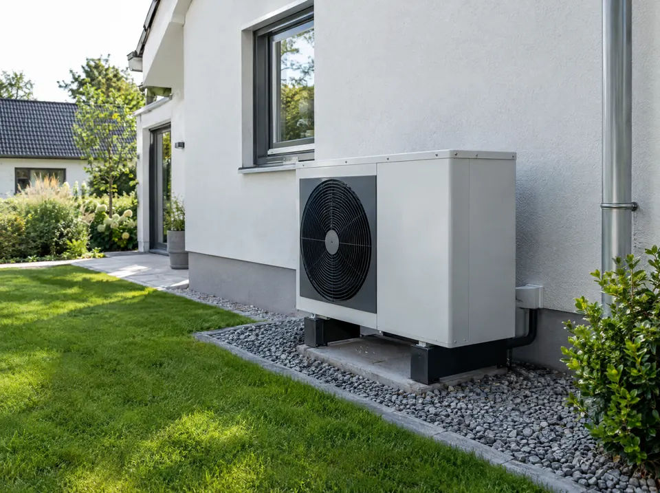 Luft-Wasser-Wärmepumpe neben einem sanierten Einfamilienhaus